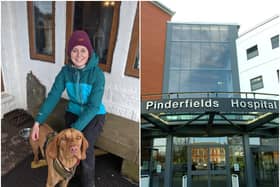 A cancer survivor who was diagnosed when she was just 20 years old has signed up to take part in a month-long fundraiser in support of Cancer Research UK. Pictured are Ellie Coopland and her trusty dog Fellman, and Pinderfields Hospital, where Ellie received treatment for her cancer.