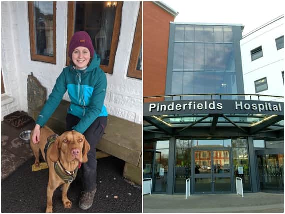 A cancer survivor who was diagnosed when she was just 20 years old has signed up to take part in a month-long fundraiser in support of Cancer Research UK. Pictured are Ellie Coopland and her trusty dog Fellman, and Pinderfields Hospital, where Ellie received treatment for her cancer.