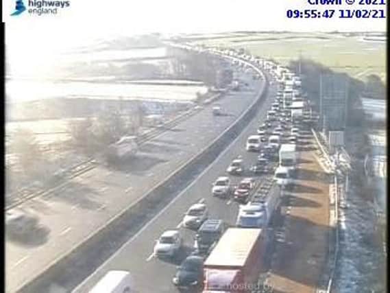 Miles of traffic have been reported on the M1 at Wakefield this morning while emergency teams deal with a spillage on the carriageway. Photo: Highways England