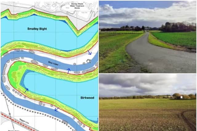 Left: Designs for the restoration scheme, which include two fishing lakes. 
Right: Council photos of the land as it is now.