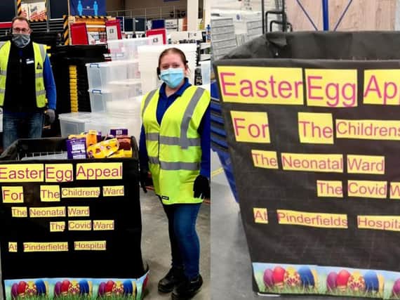 Donna Gagen, who works at Wickes Building Supplies in Wakefield, has set up her very own Easter Egg Appeal in store for The Children's ward, The Neonatal Ward and The Covid Ward at Pinderfields Hospital