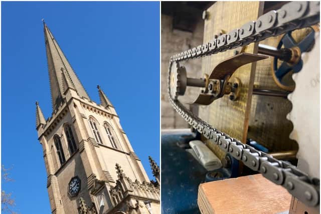 Staff at Wakefield Cathedral said the broken clock was symbolic of the national lockdown restrictions. Right: The inner workings of the Wakefield Cathedral clock.