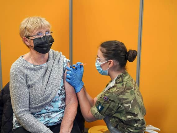 More than 85,000 people in Wakefield have now received the first dose of a Covid-19 vaccine, including more than 96 per cent of over 70s. Pictured is Diane Slack, from Sandal, who was one of the first to receive her vaccine at the Spectrum site.