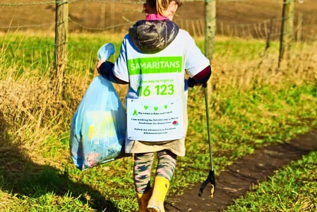 Alba has been out in the community spreading positivity by litter picking and leaving daffodil bouquets with Samaritans details enclosed on park benches