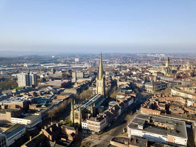 An aerial view of Wakefield Cathedral and the city centre