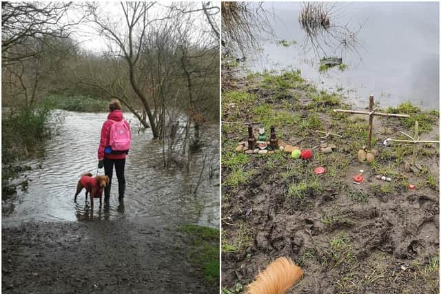Rachael Sharp, pictured with dog Cooper, has now discovered more than a dozen of the mysterious crosses. Photos: Rachael Sharp