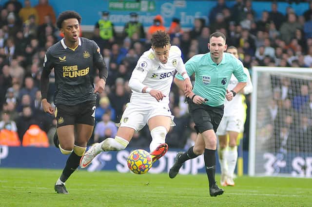 Rodrigo was back in the Leeds United starting line-up and fires in a shot against Newcastle.