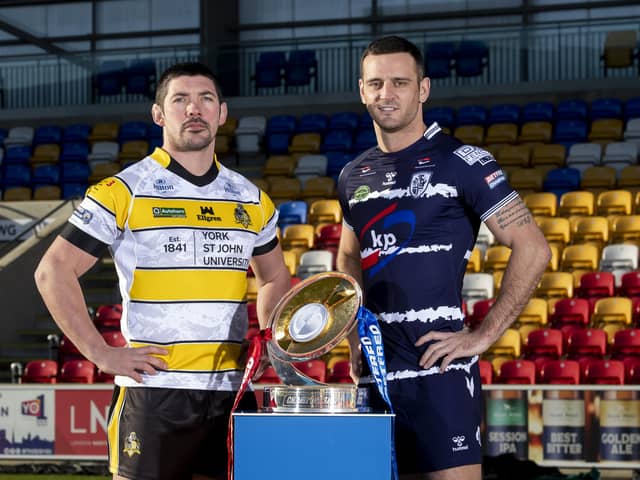 Championship Launch 2022. Chris Clarkson of York with Craig Hall of Featherstone. Picture: Allan McKenzie/SWpix.com