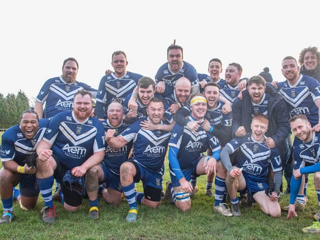 The Pontefract RUFC team celebrate after beating Yorkshire One leaders Middlesbrough. Picture: Jonathan Buck