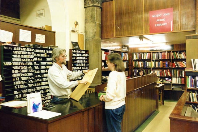 The Music Library in a corner of the Central Lending department in the Central Library. Behind the counter are rows of cassettes ready for loan for which the boxes will be out on display. Records were also available.