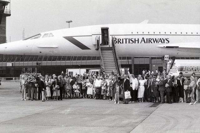 The British Airways Concorde passengers group pictured at Leeds Bradford Airport in  April 1987.