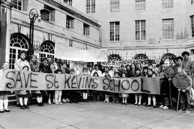 "Save St Kevins" was the aim of these protestors in April 1987 over plans by the council to close their school on Barwick Road at Manston in east Leeds.