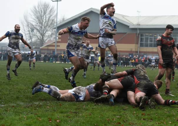 Lock Lane score a try in their first round Betfred Challenge Cup tie against Thatto Heath. Picture: Matthew Merrick