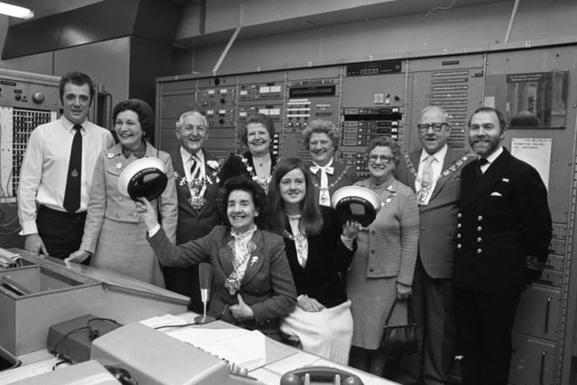 The Mayor and Mayoress of Preston Coun Mrs Dorothy Chaloner and Penny Chaloner at the controls of HMS Inskip, watched by (left to right) Chief of Watch Peter Edmondson, Mrs Irene Bamber (Mayoress of Fylde), Coun Eric Bamber (Fylde Mayor), Coun Mrs Marjorie Hoggard (Blackpool Mayor), Mrs Kathleen Abbot (Blackpool Mayoress), Mrs Emma Formstone (Mayoress of Wyre) and Coun Harold Formstone (Mayor of Wyre) and Lt Commander David Hutchings