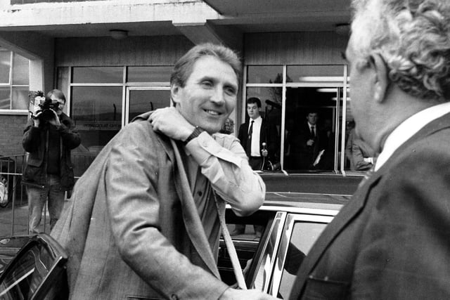 Howard Wilkinson arrives at Elland Road to be greeted by chairman Leslie Silver to start his new job as Leeds United manager in October 1988.