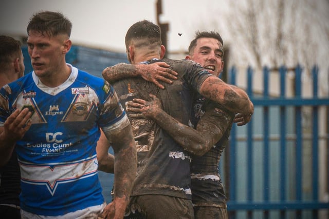 Brandon Pickersgill celebrates his try for Featherstone Rovers. Picture: Dec Hayes