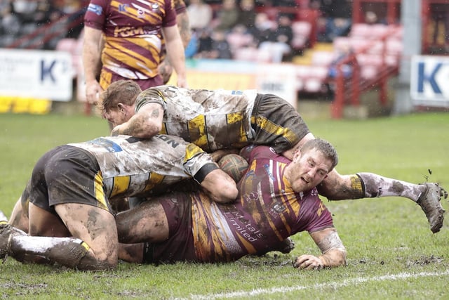 Jack Blagbrough is stopped just short of the line in Batley Bulldogs' game against York City Knights. Picture: Neville Wright