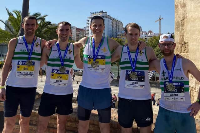 Sunshine escape: Wakefield Harriers runners who recorded some impressive times in the Seville Marathon, in Spain.