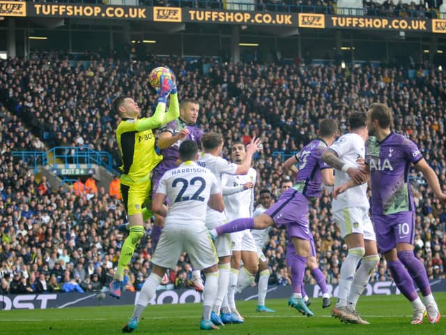 Illan Meslier makes a catch in Leeds United's game against Tottenham but was to concede four goals again.