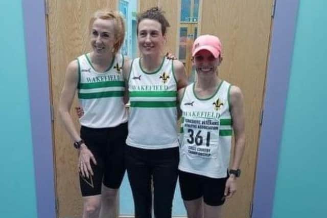 Wakefield Harriers runners Julie Briscoe, Nicky Steel and Angie Dales finished first, second and third in the ladies over 45s race at the Yorkshire Veterans AA Cross Country Championships.