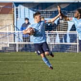 Ify Ofoegbu celebrates his goal for Ossett United against Frickley Athletic, which gave his side hope after they had been trailing 2-0. Picture: Scott Merrylees