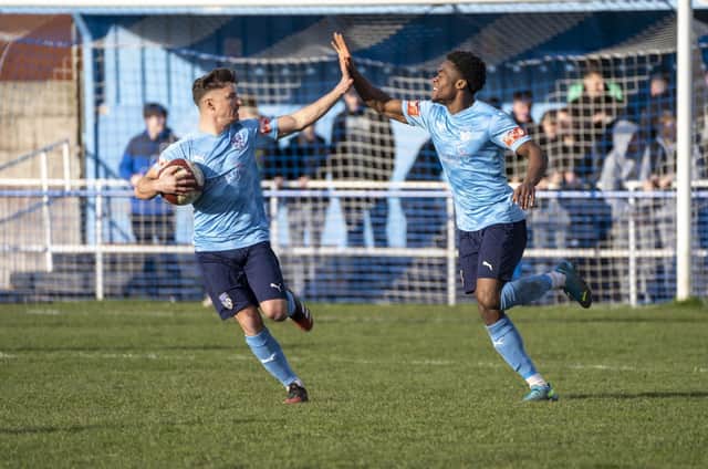 Ify Ofoegbu celebrates his goal for Ossett United against Frickley Athletic, which gave his side hope after they had been trailing 2-0. Picture: Scott Merrylees