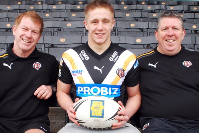 Young England Academy hooker Casey Canterbury signed a new three-year deal with Castleford Tigers in March, 2012, and is pictured with head coach Ian Millward and player performance manager Richard Tunningley.