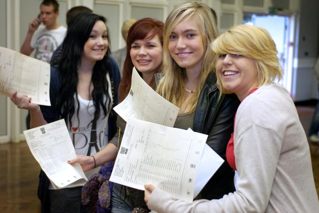 Pupils at Knottingley High School collecting their GCSE results. Pictured L/R: Megan Louise Lunt, Maria Wagstaff, Hana Louise Denton and Laura Jones.