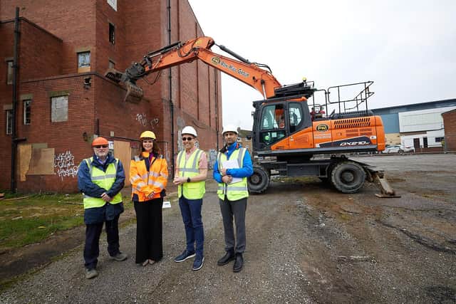 From left to right: James Stephenson, Rachel Larder from Ron Hull Demolition, Councillor Darren Byford and Jit Sahota from Arcadis