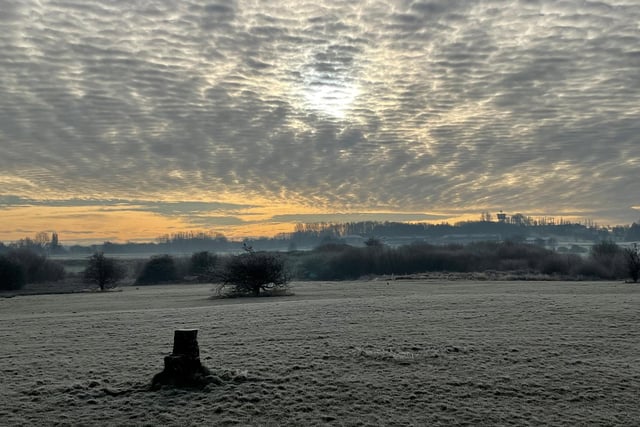 Frosty morning and early morning sun over Pontefract Park looking towards the racecourse buildings and water tower, by Dr Colin White.