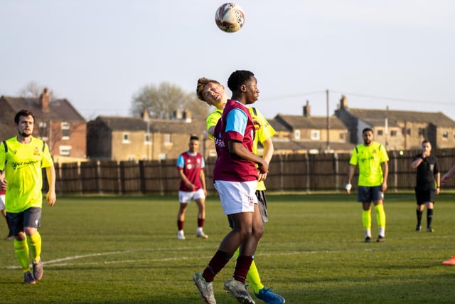 Emley substitute Sandile Masuku looks to win a header. Picture: Mark Parsons