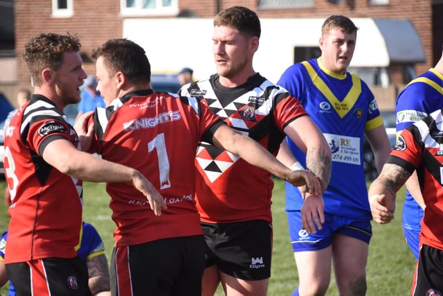 Normanton Knights celebrate Connor Wilson's try. Picture: Rob Hare
