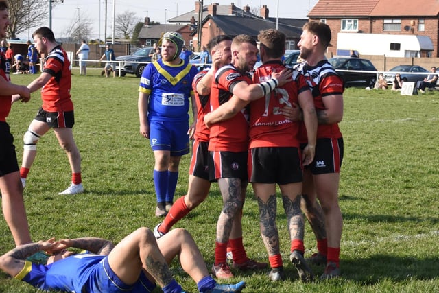 Normanton Knights players celebrate scoring. Picture: Rob Hare