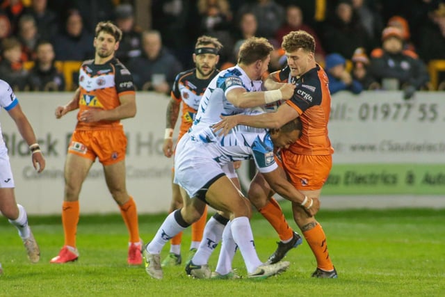 George Lawler drives the ball in for Castleford Tigers. Picture: Simon Hall
