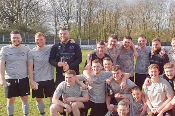 The Navigation Tavern FC team celebrate winning the Wakefield Sunday League's Championship One League Cup.