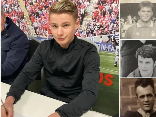 Signing up....Charlie Boardman signs for Barnsley. His father Craig (top right) was a professional player, along with his grandad George (middle right) and George Snr (bottom right).