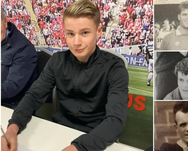 Signing up....Charlie Boardman signs for Barnsley. His father Craig (top right) was a professional player, along with his grandad George (middle right) and George Snr (bottom right).