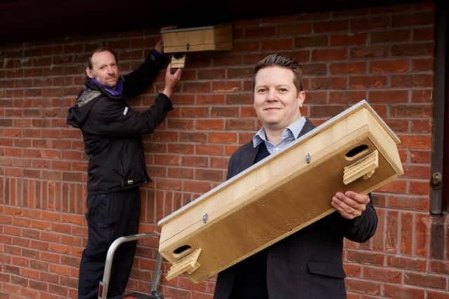 Chris Swaine and Stuart Saxton with swift boxes.