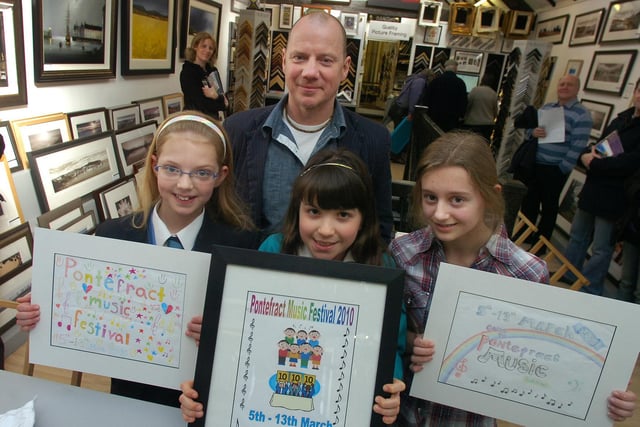 Children who won Pontefract Music Festival's art competition. Pictured L/R: Georgia Sweeting, Amy Dragisic, Rhianna Watson and judge Chris Pennock.