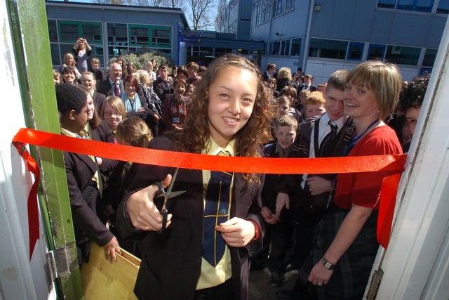 Teen Rhianna Turner opens Solutions - a new student services area that has been created in a £35,000 revamp. Rhianna won a competition to name the area and cut the red ribbon.