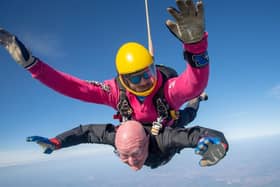 David Kellett jumped from an aircraft attached to skydiving instructor Benjamin Reed-Smith, falling at 120mph for 50 seconds before flying back down to earth under a 360 square foot parachute. (Photo Skydive Langar)