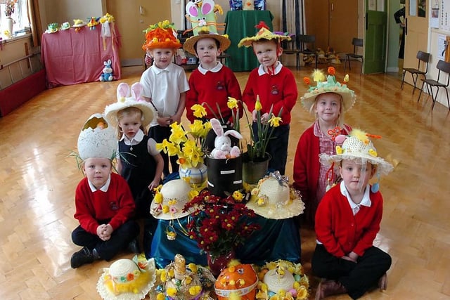 (L to R) Jacob Tucker, Elissa Glass, Lorna Gaughan, Harry Dickinson, Lewis Reid, Brooke Stead and Hannah Miller show off their Easter bonnets at Lee Brigg Infant School in 2007.