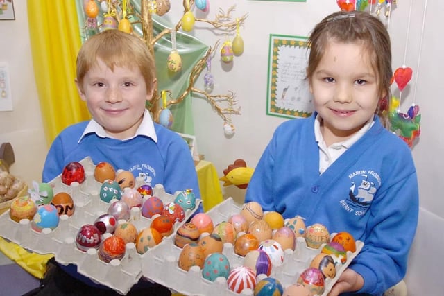 Easter egg activities at Martin Frobisher School in 2008. Joe Dalowsky (7) and Hannah Boggett (6).