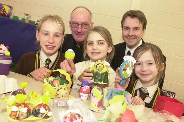 Easter Egg competition at Cliff School in 2006. The Very Rev George Nairn-Briggs (Dean of Wakefield) Simon Bedford (Head of Prep) Amy Marsden (11) Alanya French (9) Catherine Laird (8) - all winers of their year groups.