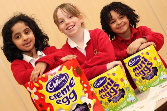 Winners of the Walton Primary School Easter egg colouring competition, Aresha Qureshi, Amelia Parker and Olivia Johnson.