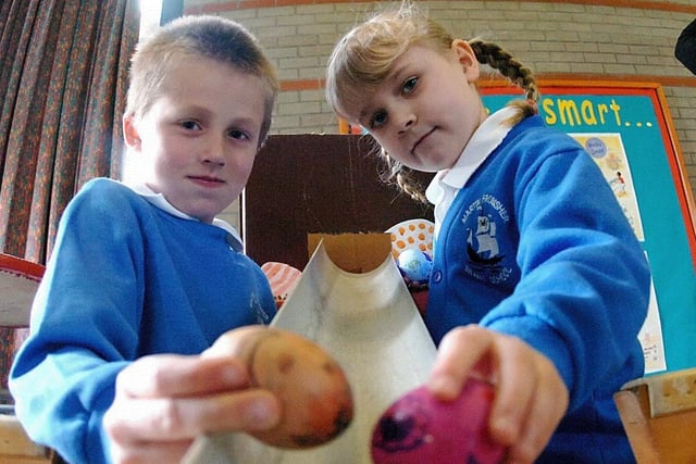 Easter egg race at Martin Frobisher School. Harry McConchie & Emily Knowles get ready for the race.