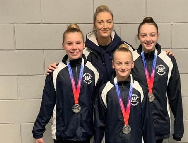 Wakefield Gym Club trio Grace Gallagher, Maya Halford and Lilly
Norris who won silver medals when they competed in the prestigious Pat Wade Classic at Stoke on Trent.