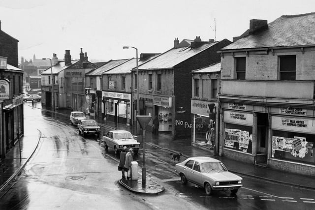 Looking from the Ship Inn along Bridge Street towards the railway bridge, Castleford, 1975.