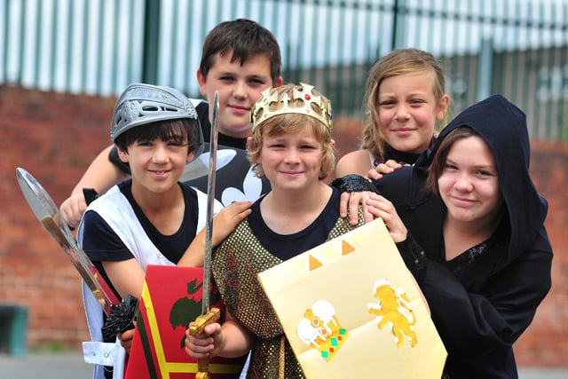 Dress rehearsal of a medieval school play at St Thomas School, Featherstone. Pictured L/R: Liam Stanley, Cameron Cave, Tom Mynett, Dion Stirling and Emma Burns.