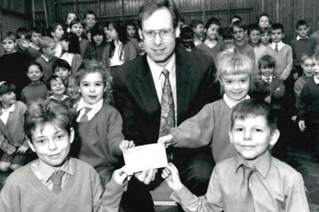 Kirkhamgate Junior and Infants School, presentation of cheque for childrens cancer fund, 1992.